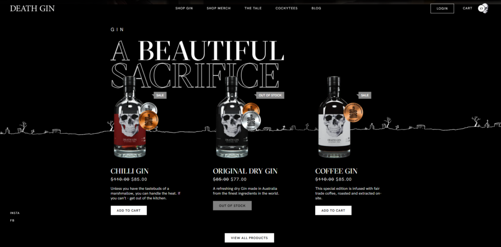 A dark-themed webpage with a sleek website layout showcases three gin bottles: Chilli Gin, Original Dry Gin, and Coffee Gin, each adorned with skull design labels. Prices sit below the bottles, while "Out of Stock" tags mark two offerings. | Ven Agency