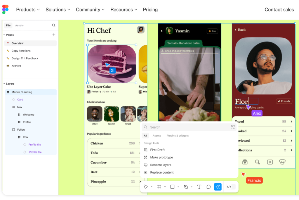 A design tool interface showcases a mobile app with three panels: a cake recipe, a cooking profile, and a chef's profile. Tailored for web design agencies in Melbourne, it features editing tools and options like text, color, and image settings for seamless development. | Ven Agency