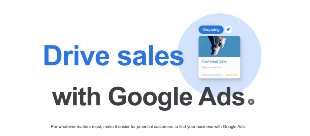 A promotional graphic for Google Ads features "Drive sales with Google Ads" next to a digital shopping ad card showing a shoe with the phrase "Footwear Sale." Perfectly tailored for small businesses in Australia looking to enhance their Google Ad strategy. | Ven Agency