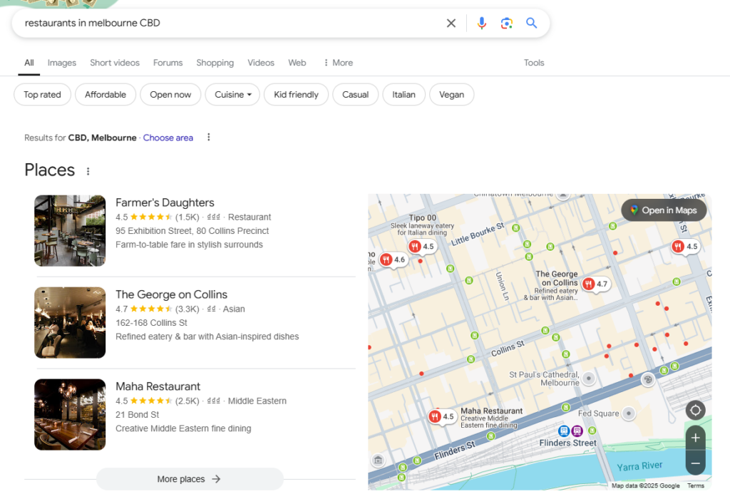 Screenshot of a Google Maps search for restaurants in Melbourne CBD, Australia. Displays three options: Farmer's Daughters, The George on Collins, and Maha Restaurant. A map on the right shows their locations with ratings and cuisine types—perfect for SMEs focusing on local SEO strategies. | Ven Agency