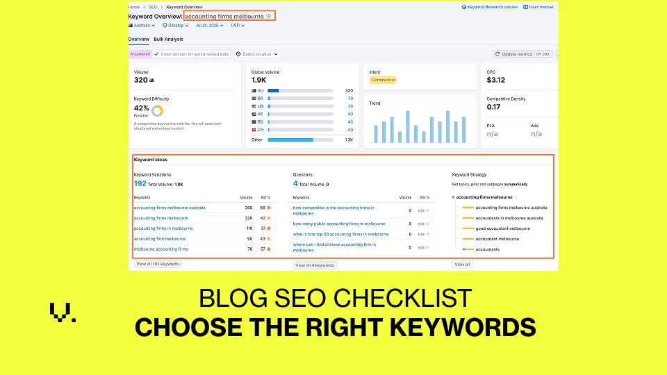 Screenshot of a keyword research tool displaying data for "accounting firms melbourne," including search volume, trends, keyword ideas, and a Blog SEO Checklist tip: "CHOOSE THE RIGHT KEYWORDS"—all designed to drive Real Growth. | Ven Agency